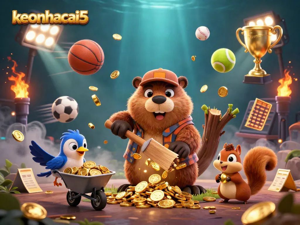 Engage with keonhacai5 as the beaver chops a tree raining golden coins in a lively casino scene.