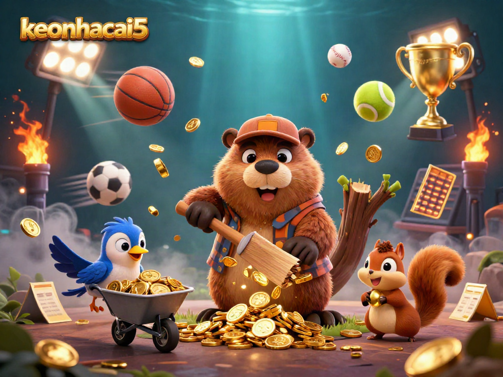 Engage with keonhacai5 as the beaver chops a tree raining golden coins in a lively casino scene.