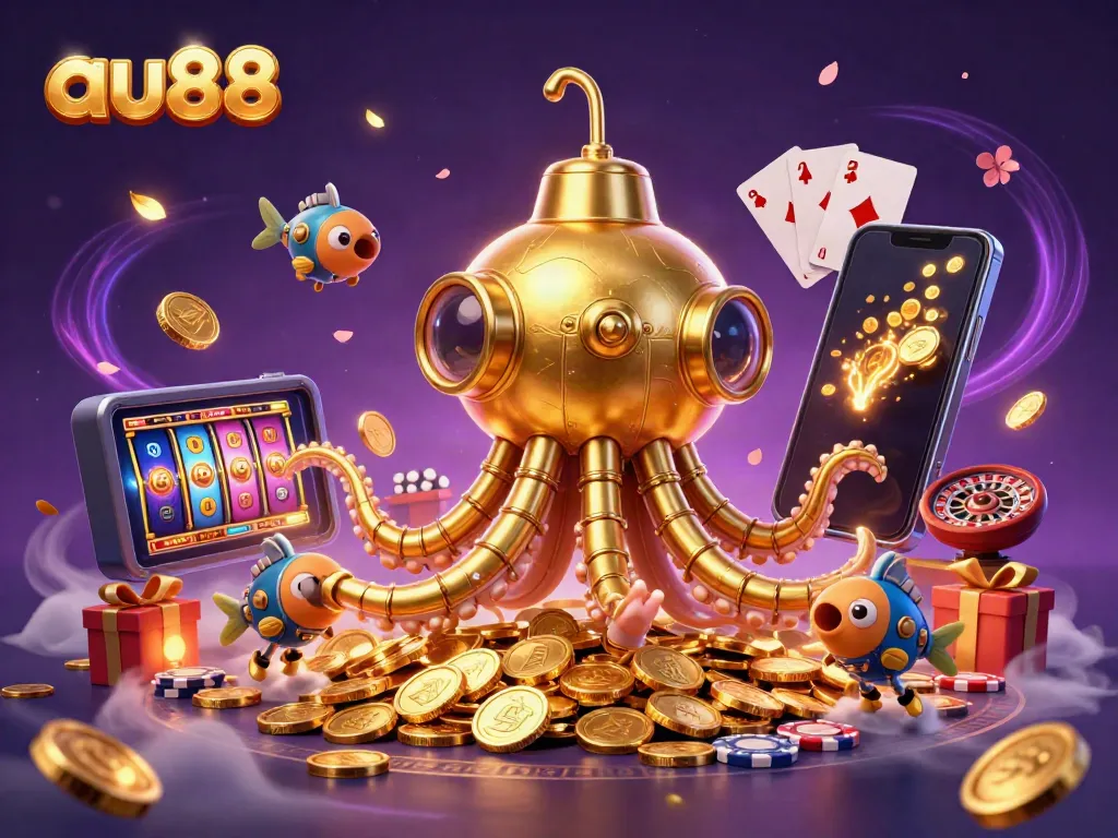 Experience thrilling gaming with au88, featuring a golden kraken submarine and vibrant casino elements.