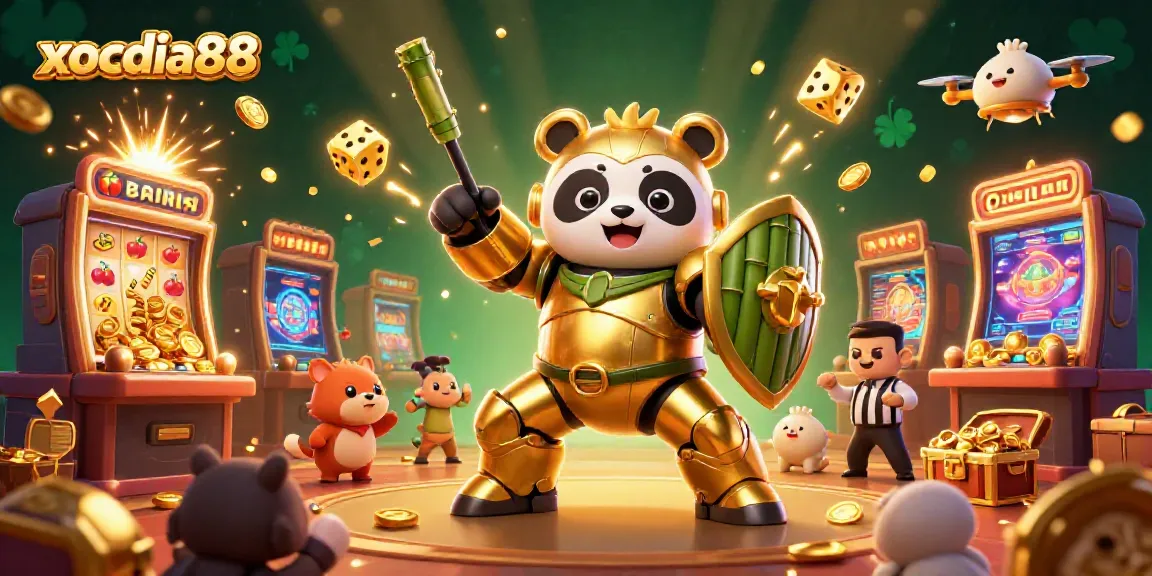 Experience the excitement of xocdia88 with vibrant 3D illustration of casino games, golden panda, and jackpot action.