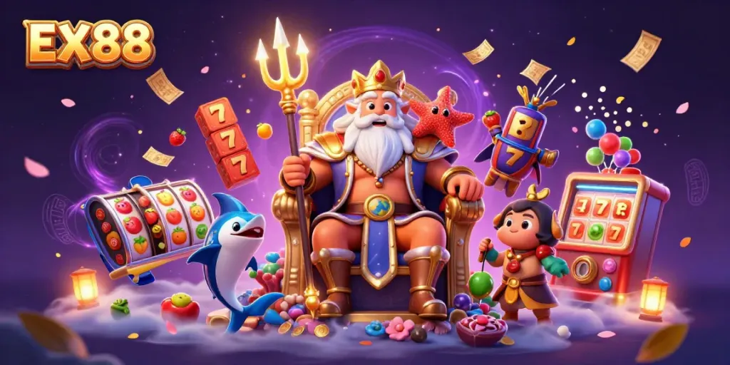 Experience the excitement of the EX88 casino with vibrant slot elements and a charming cartoon sea king.
