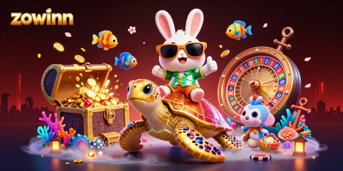 Zowinn promotes thrilling gameplay with a lucky rabbit and golden sea turtle in a casino adventure.