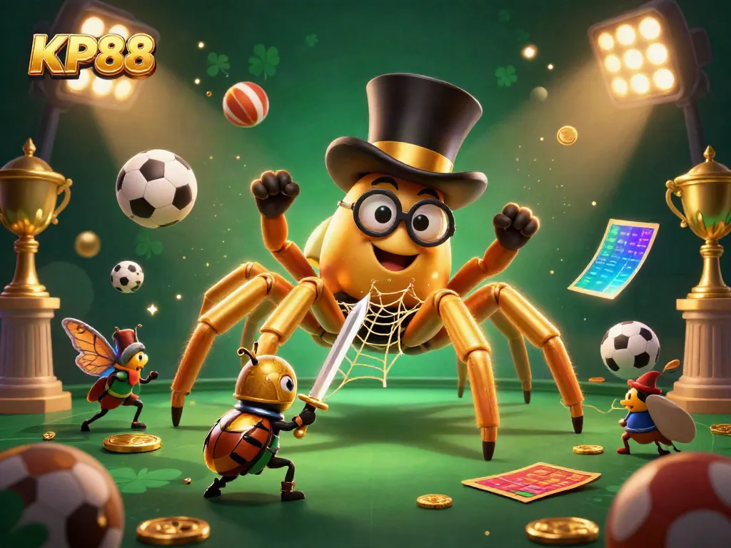 Experience KP88 with a golden tarantula and beetle knight amid vibrant casino elements.