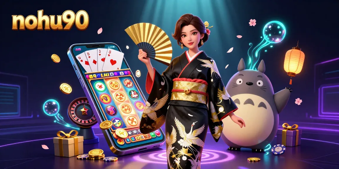 Nohu90 highlights an elegant Asian woman in a kimono and tanuki amidst a vibrant slot game scene.