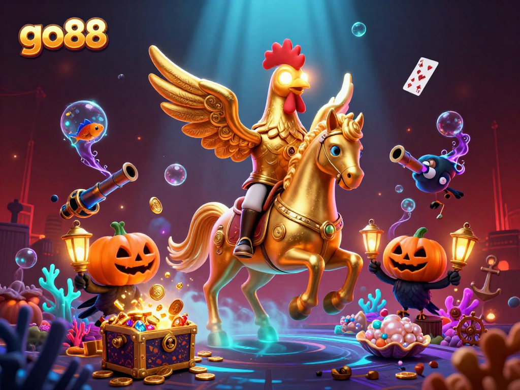 Experience the thrill of go88 with a golden rooster in a vibrant casino scene.