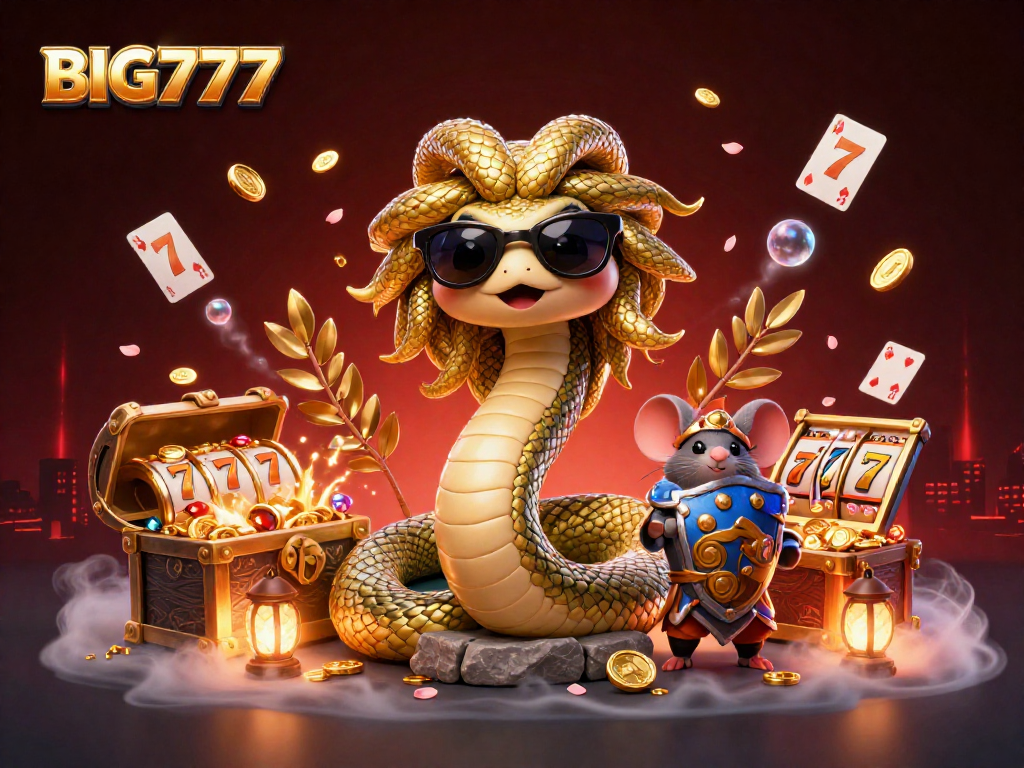 Engage with BIG777’s vibrant casino scene filled with gold coins, slot reels, and Medusa characters.