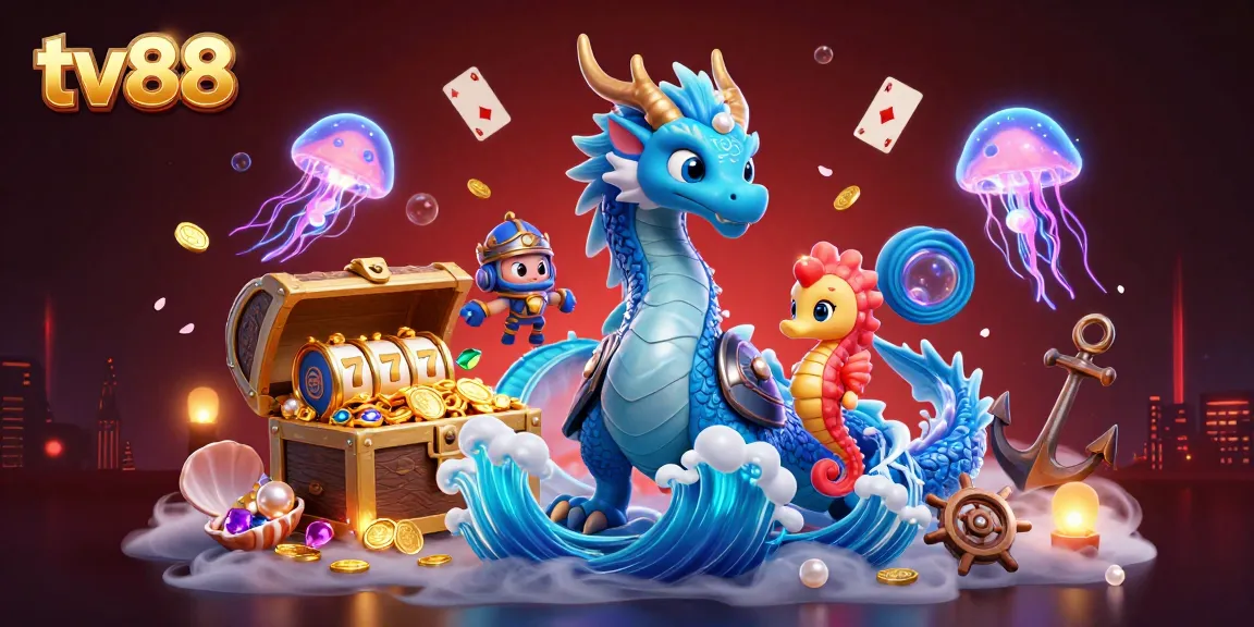 Engage with the dynamic world of tv88 where a water dragon and seahorse knight navigate a vibrant casino scene.