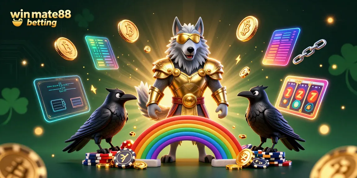 Experience winmate88 betting with a vibrant 3D casino scene featuring mythology characters and neon crypto elements.