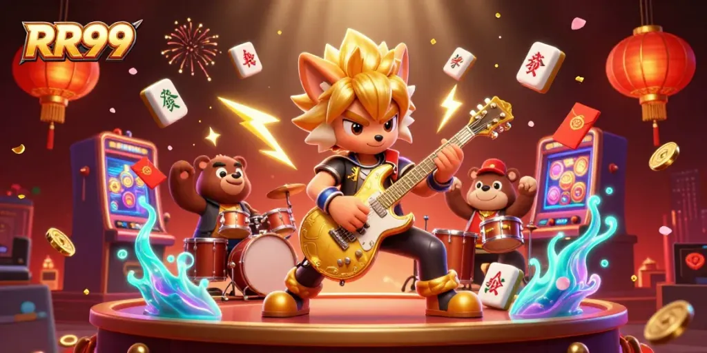 RR99 casino scene featuring a rock star wolf and drummer bear, surrounded by engaging game elements.