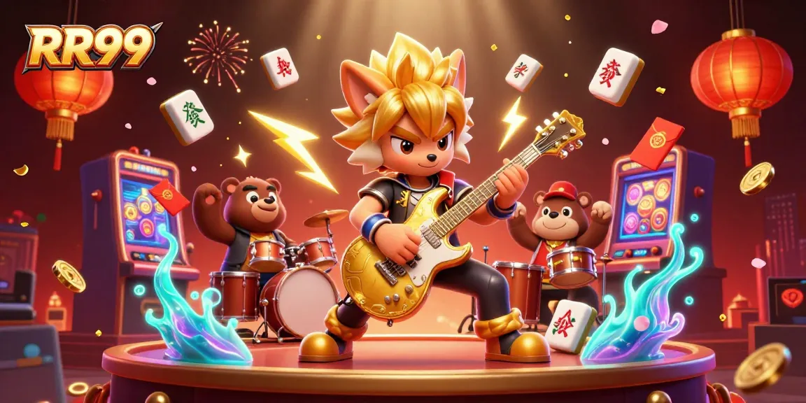 RR99 casino scene featuring a rock star wolf and drummer bear, surrounded by engaging game elements.