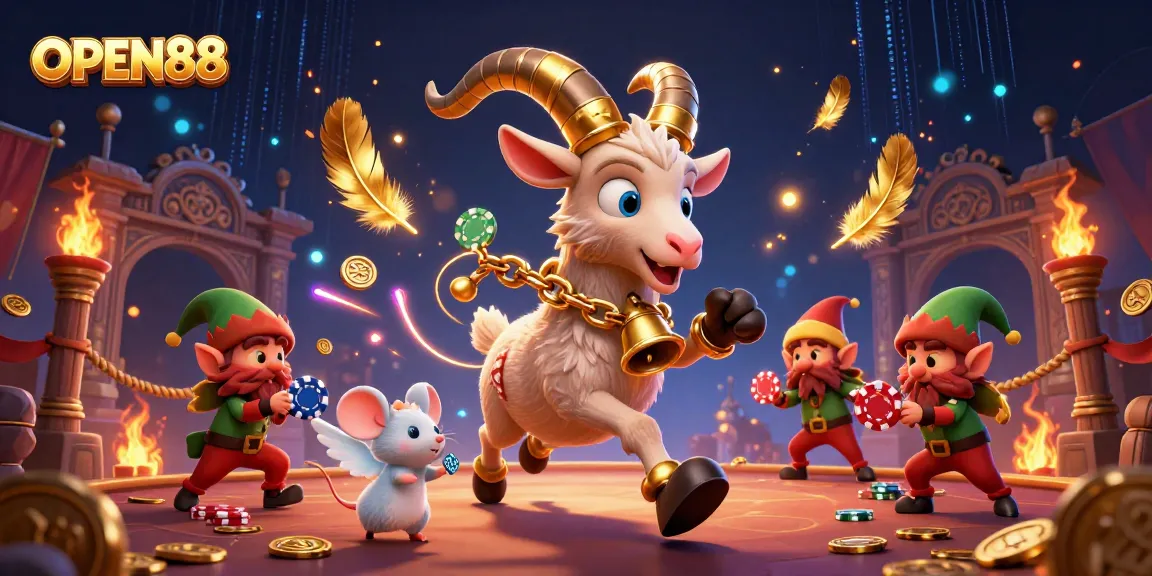 OPEN88 casino features Krampus goat managing a festive scene with elf gremlins stealing chips.