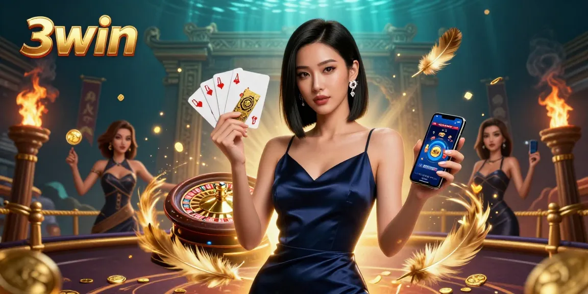 Experience the thrill of 3win with a confident Asian woman showcasing casino gameplay.