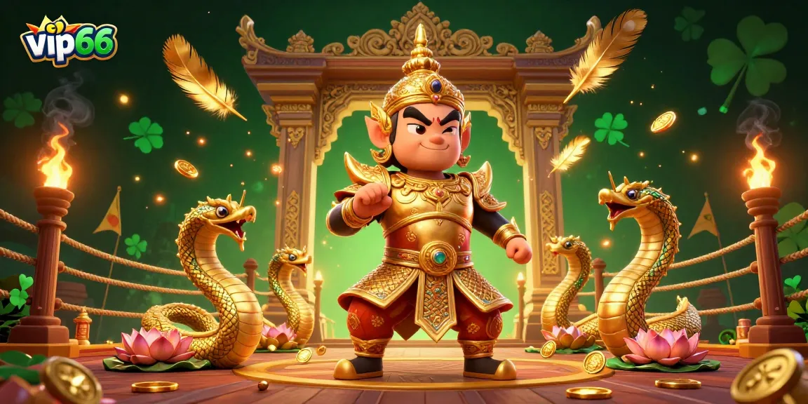 Engage with vip66's vibrant casino environment, featuring a guardian and serpents in a dynamic gambling scene.
