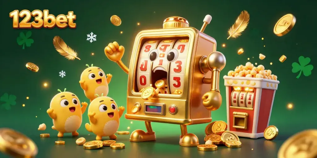 Experience the thrill of 123bet with a golden slot machine celebrating its jackpot amidst coins and festive fans.