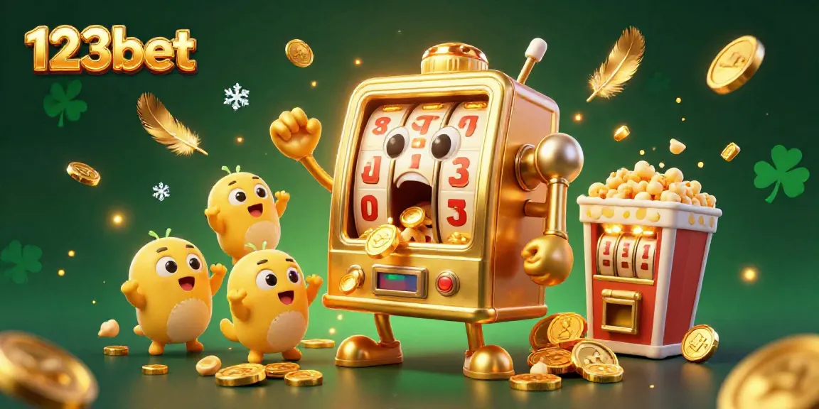 Experience the thrill of 123bet with a golden slot machine celebrating its jackpot amidst coins and festive fans.