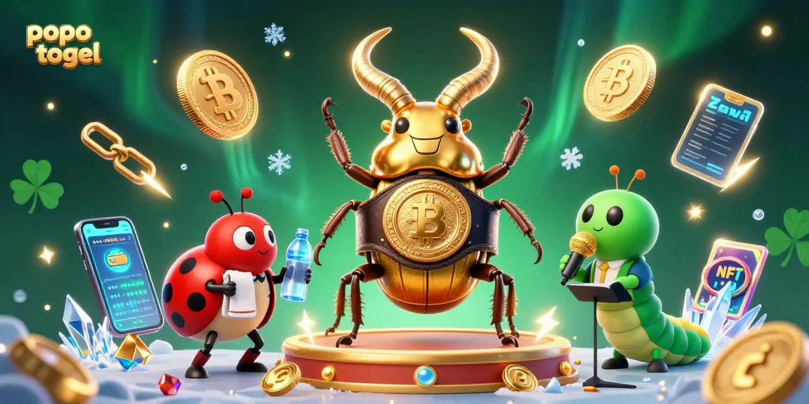 The popo togel scene features a golden stag beetle boxing champion with Bitcoin and Ethereum elements, showcasing lottery excitement.
