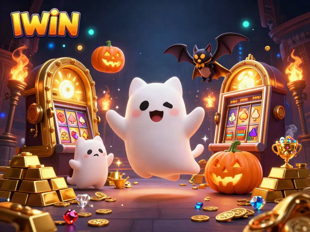 IWIN's immersive gaming world showcases a friendly ghost cat and vibrant casino elements.