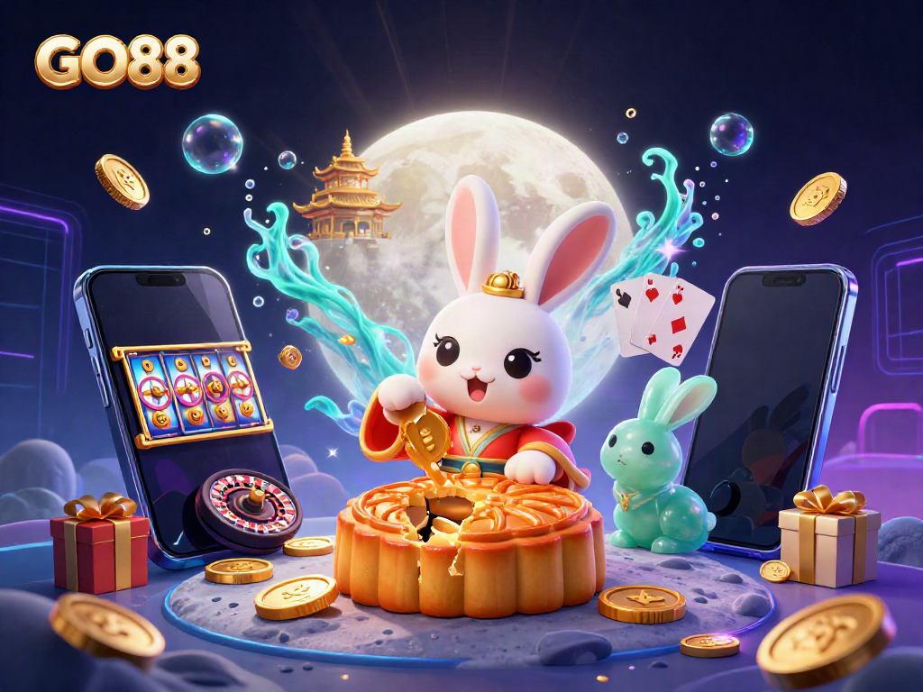 Engage with GO88's lunar-themed slot adventure featuring moon rabbits and poker chips.