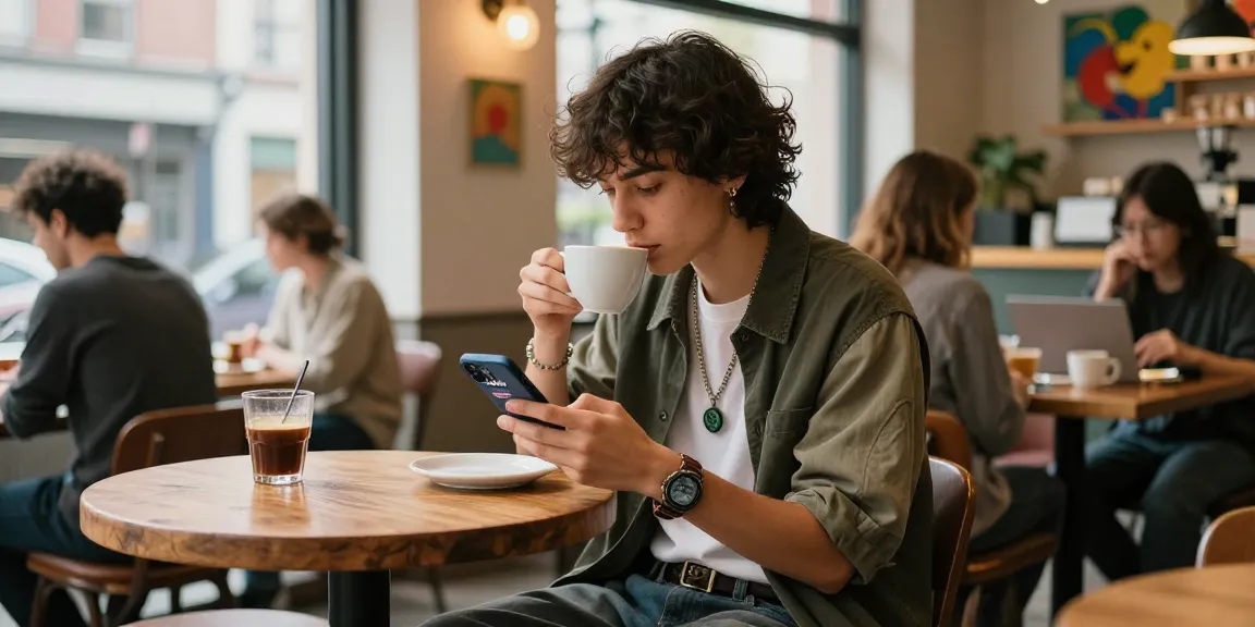 Trendy individual using the rokok88 app in a vibrant coffee shop.