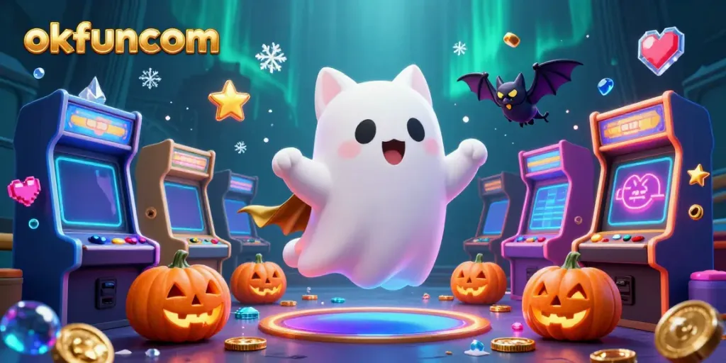 Experience thrilling gaming at okfuncom with a vibrant ghost cat and its companions in a rich casino atmosphere.