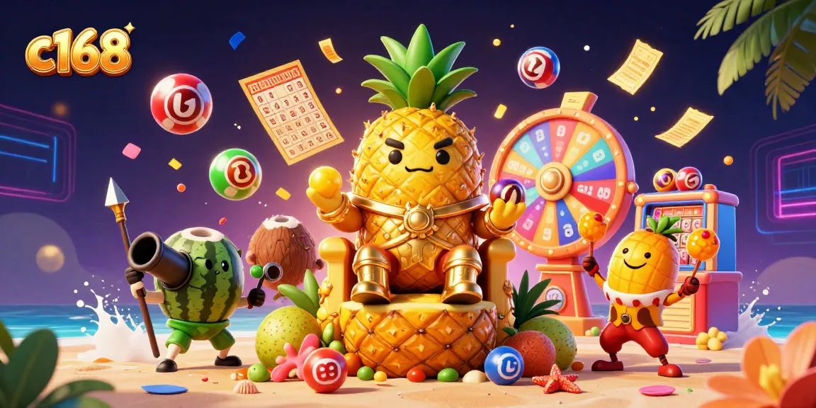 Experience the exciting games at c168, featuring vibrant lottery balls and royal characters in a dynamic casino setting.