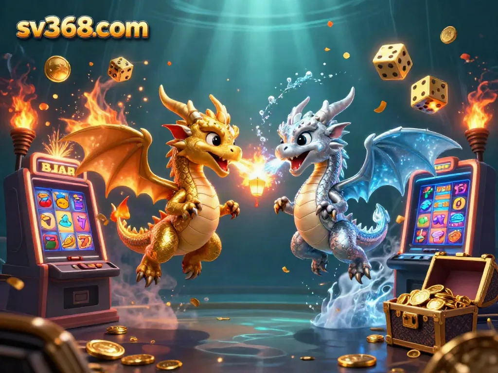 Engage with the thrilling scene of sv368com featuring gold and silver dragons amidst casino elements.