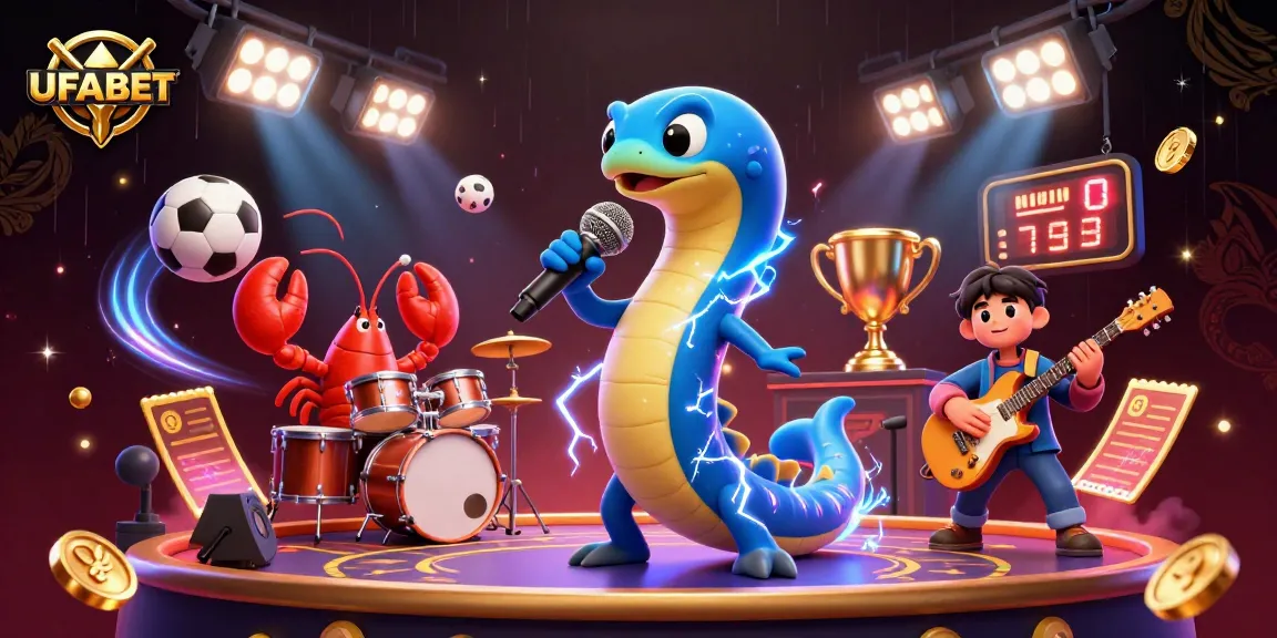 UFABET features an electric eel DJ performing in an underwater casino with sports elements dynamically integrated.