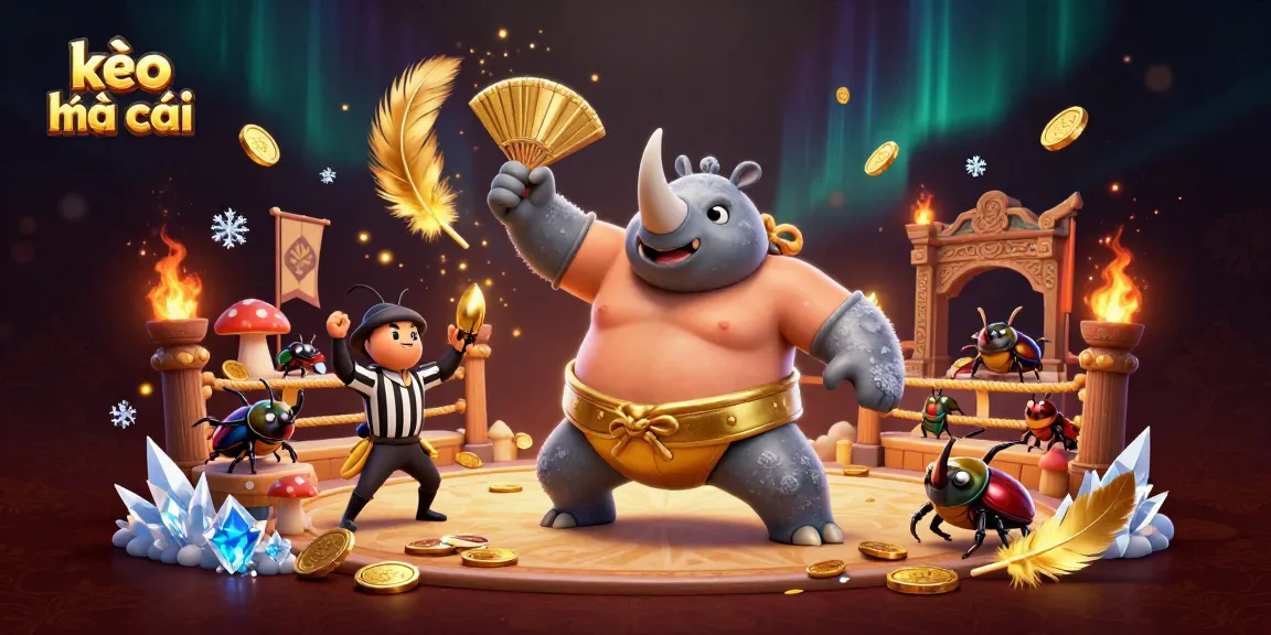 Experience the thrilling kèo nhà cái action with a champion beetle amidst golden coins and energetic atmosphere.