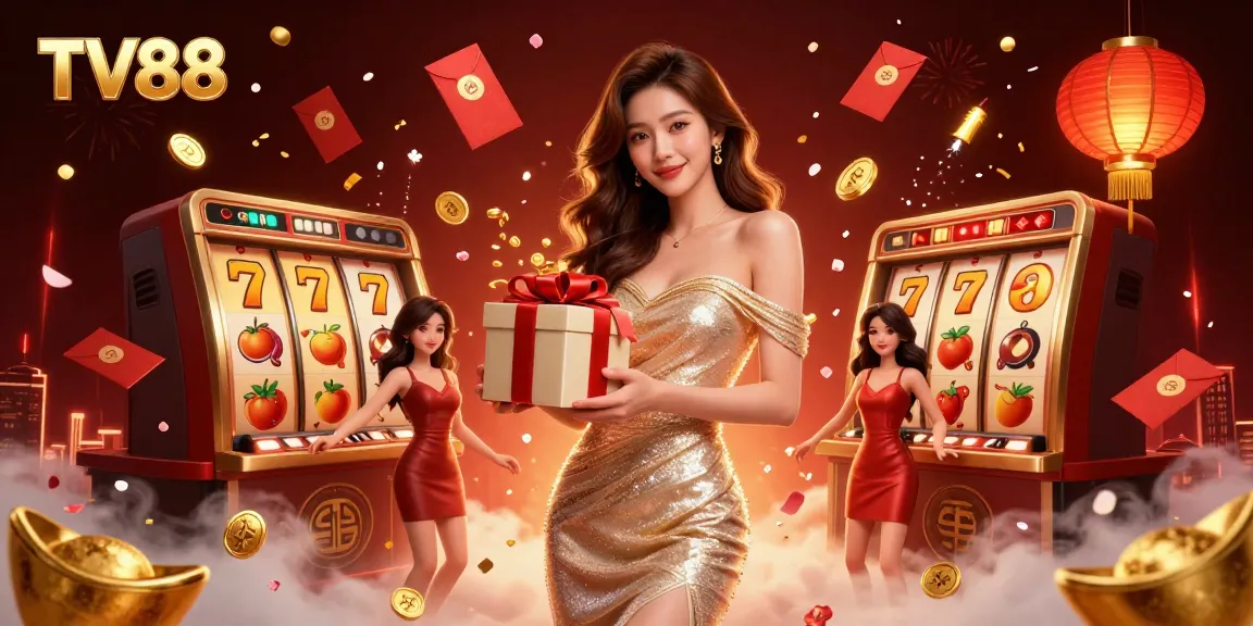 Engage with TV88's vibrant casino atmosphere featuring golden coins, festive decorations, and slot success.