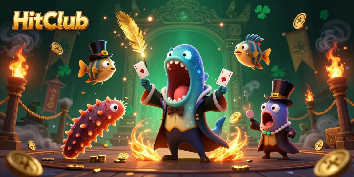 HitClub's vibrant scene showcases a bioluminescent eel magician and friends at an energetic casino act.