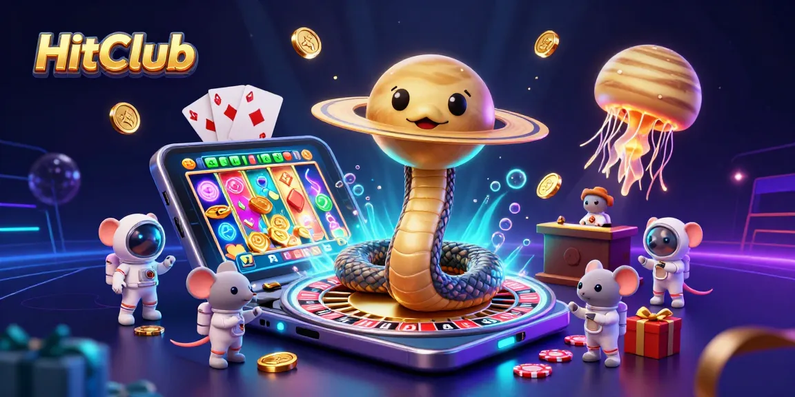 HitClub showcases an exciting 3D casino scene where gamblers bet on a roulette wheel formed by Saturn's rings amidst vibrant cosmic elements.