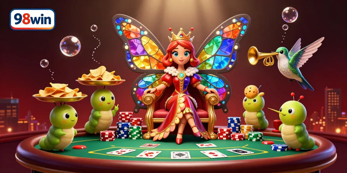 Experience thrilling gameplay at 98win with a vibrant butterfly queen and poker elements in a dynamic casino scene.