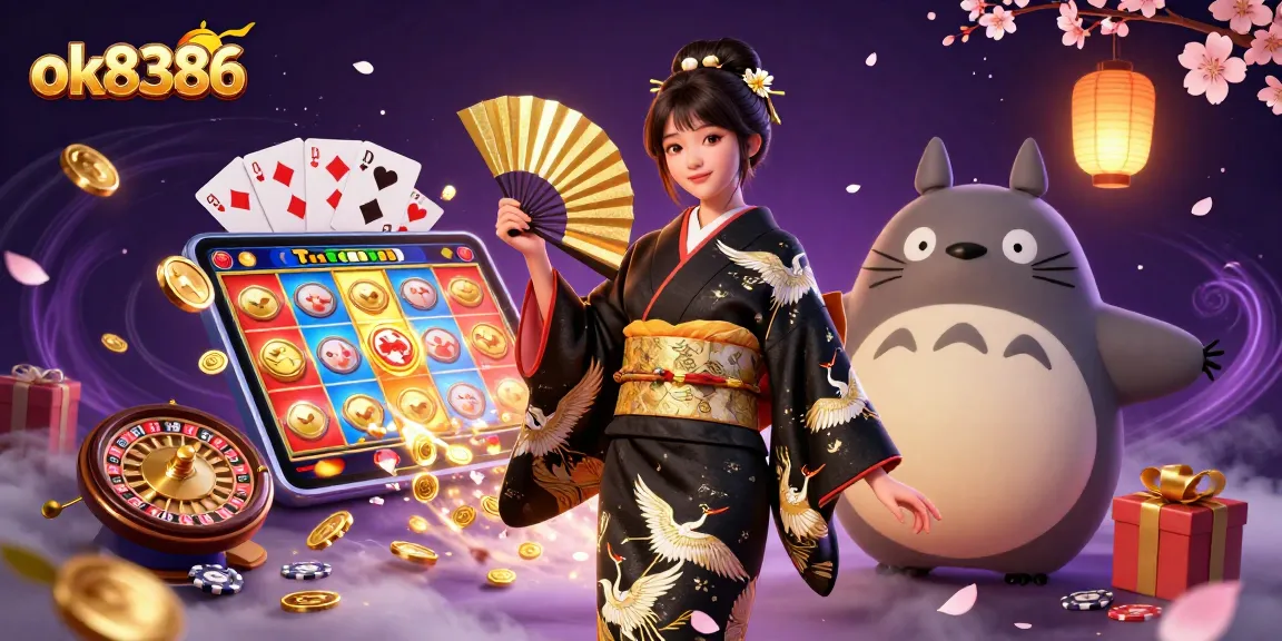 Engage with ok8386 in this vibrant scene showcasing gaming, luck, and excitement.