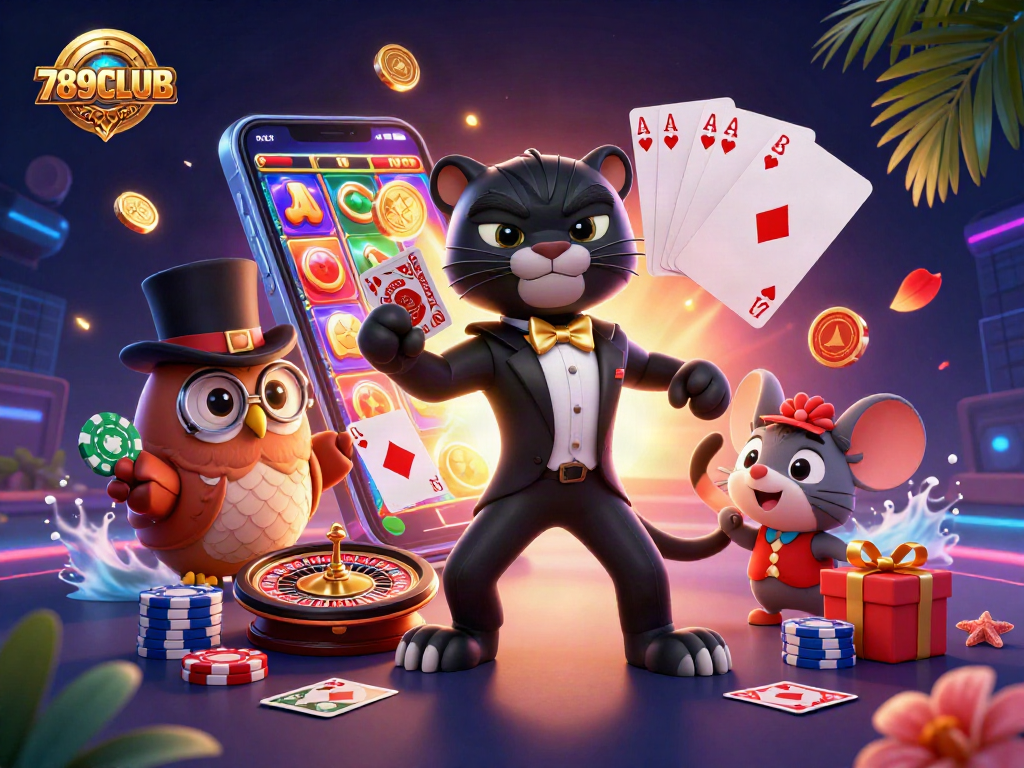 Experience thrilling gaming at 789CLUB with a delightful scene of casino characters and vibrant slot games.