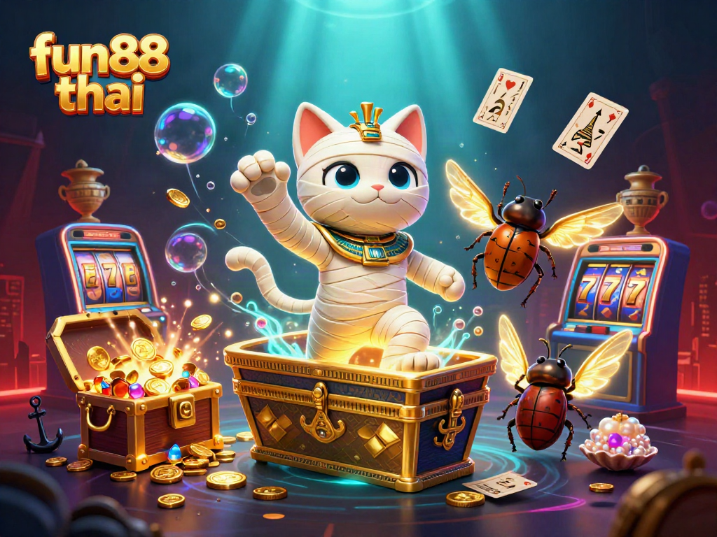 Experience the adventure of fun88 thai with a vibrant 3D casino scene featuring a magical Egyptian mummy cat.