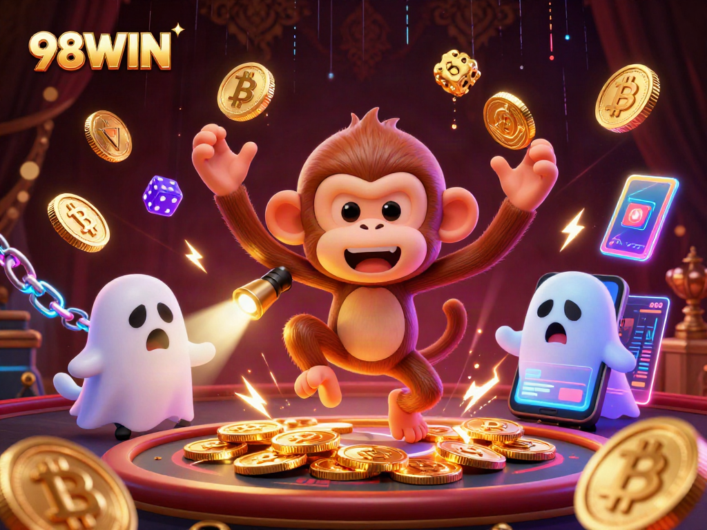 Experience 98WIN in a thrilling haunted casino scene with a mischievous ghost and crypto elements.