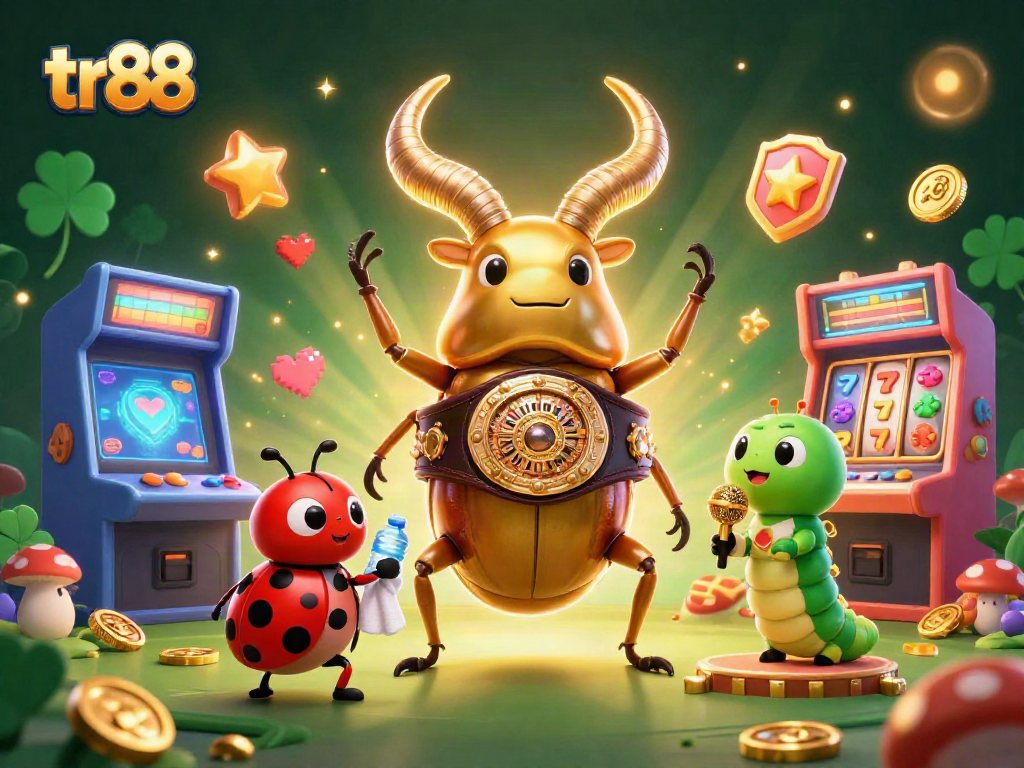 tr88 showcases a dynamic casino scene with a giant stag beetle and gaming elements, highlighting vibrant energy
