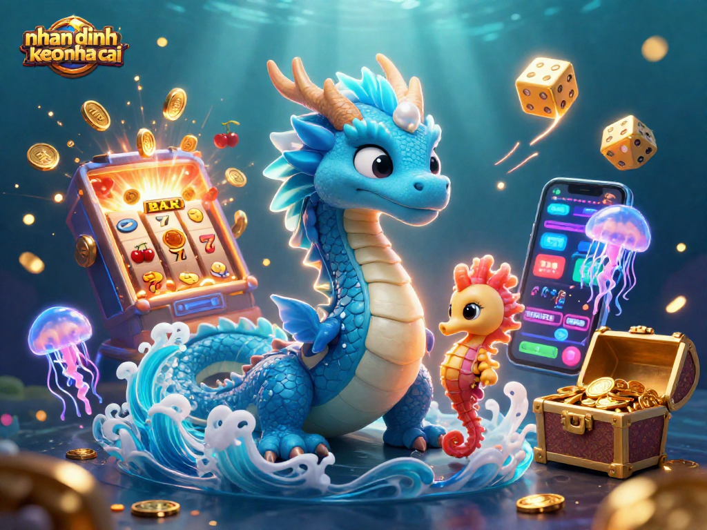 Engage with the thrilling world of nhan dinh keo nha cai, showcasing a mystical water dragon amid dynamic casino elements.