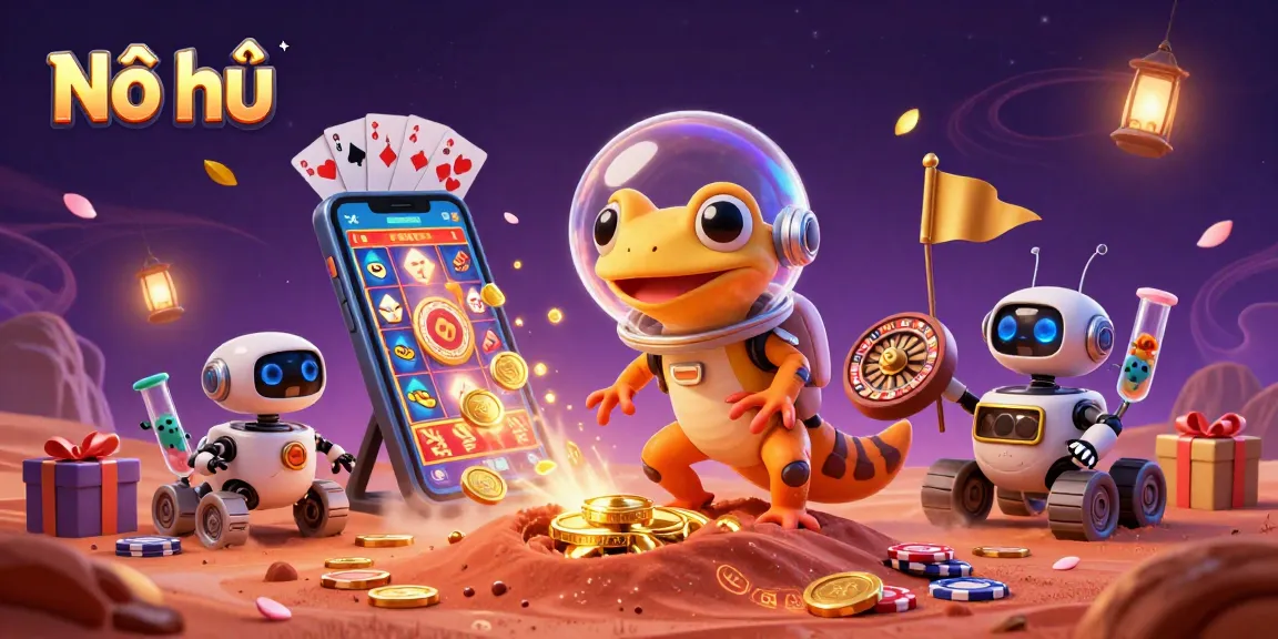 Nổ hũ showcases a vibrant 3D illustration of a space gecko discovering a golden casino, surrounded by gaming elements.