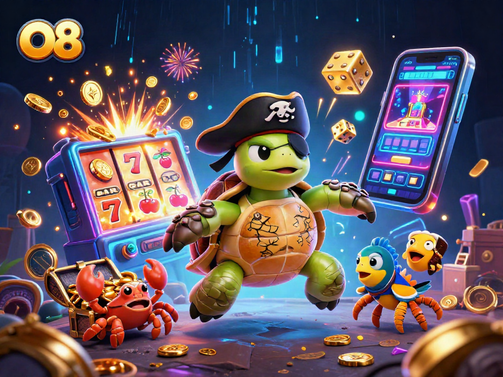 Engaging O8 online slots experience with pirate turtle, crab, and fish amidst vibrant casino action.