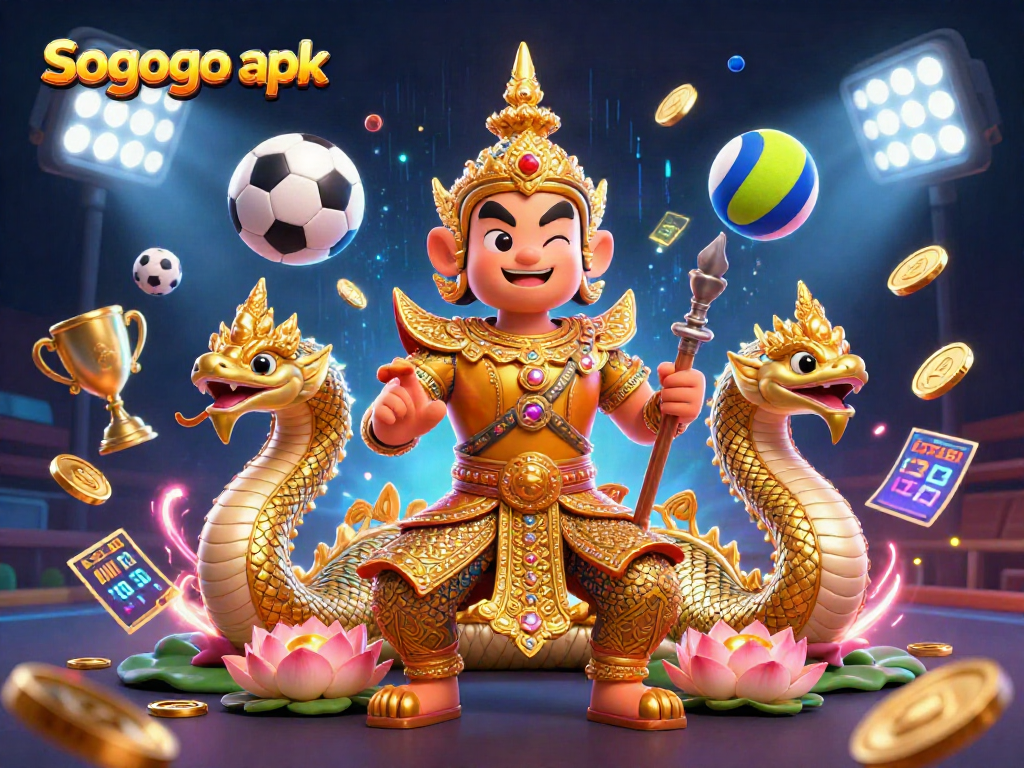 Experience the excitement of Sogogo apk with a vibrant Thai temple guardian and dynamic sports elements.