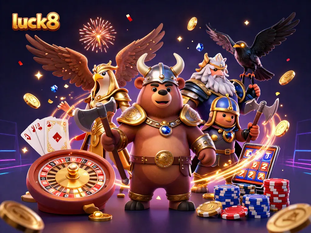 Experience the thrill of luck8 with an epic 3D casino scene featuring a Viking bear and Valkyrie eagle.