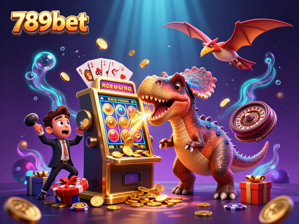 Watch the 789bet pachycephalosaurus win jackpots with a golden slot machine amidst a vibrant casino scene.