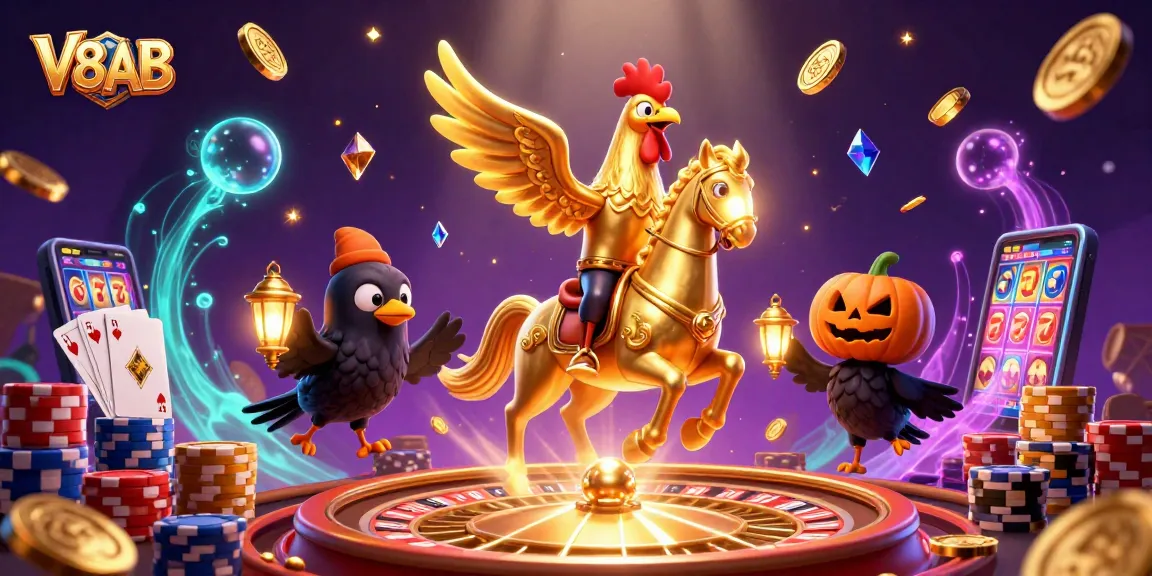 V8AB's thrilling gameplay experience showcased with a golden rooster gallivanting through a vibrant casino scene.