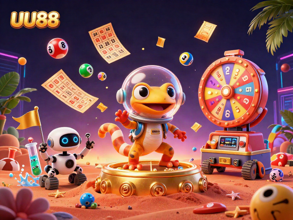 UU88 Martian gecko explores a golden casino with vibrant lottery elements and cheerful aliens.