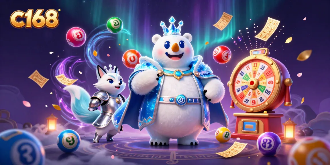 Experience the excitement of c168 with vibrant lottery elements and cartoon characters in a dynamic casino scene.