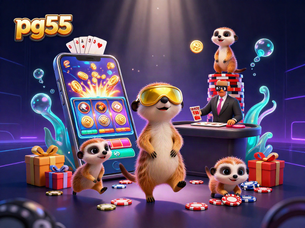 Engage with pg55 through a vibrant illustration of meerkats in a busy casino operation.