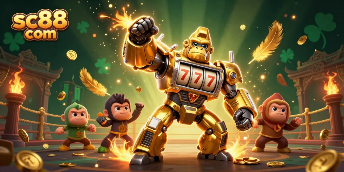 Experience thrilling gameplay at sc88 com with a dynamic illustration showing exciting casino elements and a golden gorilla mech.