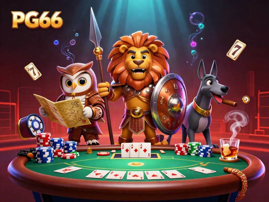 Engaging scene illustrating PG66 with a Spartan lion, tactical owl, and greyhound surrounded by poker elements.