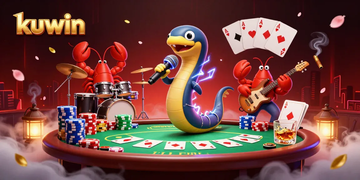 Kuwin showcases an electric eel DJ performing in an underwater casino, enriched with vibrant poker elements.